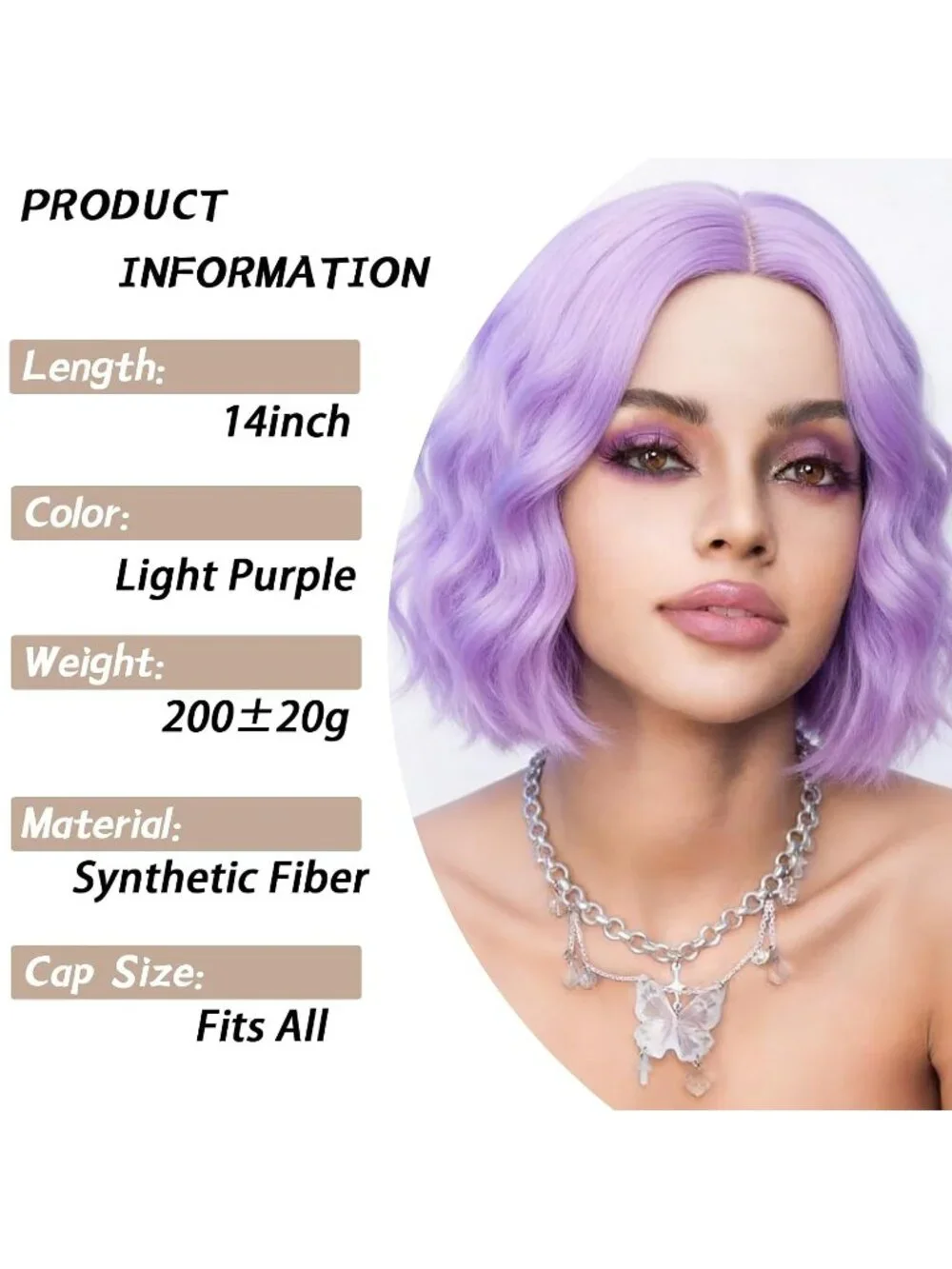 Women's 14 Inch Light Purple Wavy Bob Wig Short Curly Synthetic Heat Resistant